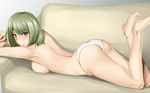  arched_back ass barefoot blue_eyes breast_press breasts couch feet_up from_side green_eyes green_hair heterochromia highres idolmaster idolmaster_cinderella_girls long_legs looking_at_viewer lying medium_breasts mole mole_under_eye on_stomach panties shaito short_hair sideboob sketch smile solo takagaki_kaede the_pose topless underwear underwear_only white_panties 