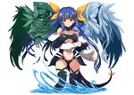  2girls asymmetrical_wings bare_shoulders black_legwear blue_hair breasts choker detached_sleeves dizzy guilty_gear hair_ribbon highres inagata large_breasts long_hair multiple_girls navel necro_(guilty_gear) partially_submerged red_eyes ribbon simple_background tail tail_ribbon thighhighs twintails underboob undine_(guilty_gear) water white_background wings yellow_ribbon 