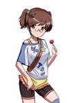  aegis_(nerocc) alisa_(girls_und_panzer) bespectacled bike_shorts black_shorts blue_legwear brown_eyes brown_hair candy casual cat_hair_ornament closed_mouth cowboy_shot food freckles frilled_shirt frills girls_und_panzer glasses hair_ornament holding layered_clothing lollipop looking_at_viewer off_shoulder oversized_clothes oversized_shirt pince-nez print_shirt shirt short_hair short_sleeves short_twintails shorts simple_background solo standing star star_hair_ornament tank_top thighhighs twintails white_background white_shirt yellow_shirt 