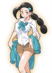  black_hair bow bowtie braid breasts brown_eyes gym_leader hair_ornament large_breasts long_hair long_sleeves looking_at_viewer multi-tied_hair pokemon pokemon_(game) pokemon_dppt shirt smile solo suzuna_(pokemon) sweater twin_braids white_shirt zaitsu 