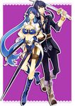  1boy 1girl black_hair blue_eyes blue_hair boots bracelet breasts cleavage dagger gloves judith long_hair midriff navel pants pointy_ears ponytail purple_background purple_eyes skirt spear sword tales_of_(series) tales_of_vesperia tongue tongue_out weapon yuri_lowell 