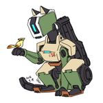  animalization bastion_(overwatch) bird bird_on_hand cat commentary_request dated flat_color full_body ganymede_(overwatch) gatling_gun gun korean_commentary lillu looking_at_animal lowres overwatch robot simple_background sketch weapon white_background 