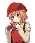 :t aki_minoriko bangs blonde_hair blush closed_mouth commentary_request dress eating food food_on_face fruit grapes hat highres long_sleeves mob_cap ozu_(agito100001) red_eyes solo suspenders sweet_potato touhou upper_body v-shaped_eyebrows white_background 