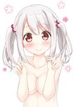  1girl blush breasts cleavage collarbone covering covering_breasts hair_bobbles hair_ornament hair_twirling highres karutamo long_hair looking_at_viewer medium_breasts nude original red_eyes silver_hair smile solo tisshu_(karutamo) twintails upper_body 