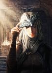  blonde_hair cloak dark_souls_iii fire_keeper highres jewelry light_rays long_hair necklace one_eye_closed silver_eyes smile solo souls_(from_software) 