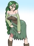  bare_shoulders blush boots braid breasts collarbone green_eyes green_hair large_breasts long_hair momi_(pokemon) pokemon pokemon_(game) pokemon_dppt simple_background single_braid skirt skirt_lift solo very_long_hair zaitsu 