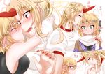  arms_around_neck bangs black_shirt blonde_hair blush breasts closed_eyes constricted_pupils embarrassed eye_contact fang forehead_kiss green_eyes hair_between_eyes hand_kiss hand_on_another's_shoulder head_kiss head_tilt heart height_difference highres horn hoshiguma_yuugi imminent_kiss japanese_clothes kiss kumeringo_touho large_breasts long_hair looking_at_another mizuhashi_parsee multiple_girls multiple_views open_mouth parted_bangs pointy_ears pouty_lips red_eyes shirt short_hair short_sleeves sleeveless sleeveless_shirt spoken_heart touhou wavy_mouth white_shirt yuri 
