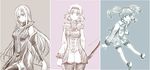  3girls anise_tatlin bare_shoulders bow_(weapon) breasts capelet dress elbow_gloves frills gloves hair_over_one_eye hairband long_hair monochrome multiple_girls natalia_luzu_kimlasca_lanvaldear open_mouth pantyhose scarf short_hair smile tales_of_(series) tales_of_the_abyss tear_grants thighhighs twintails v weapon 
