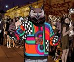 anthro beak billmund canine caprine cat chain clothed clothing colorful dog feline female giraffe goat group humanoid_hands lagomorph lion looking_at_viewer male mammal night outside own rabbit sky solo_focus standing sweater 