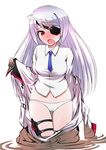  blue_neckwear blush cameltoe highres infinite_stratos laura_bodewig long_hair looking_at_viewer mud necktie onsen_tengoku open_mouth panties red_eyes school_uniform silver_hair solo underwear undressing white_background 