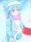  blue_hair blush highres long_hair mittens neptune_(series) niwaka_potato pink_eyes power_symbol rom_(choujigen_game_neptune) scarf snow snowing snowman symbol-shaped_pupils white_sister_rom winter_clothes 