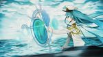  aqua_eyes aqua_hair commentary_request compass_rose floating_hair from_side hat hatsune_miku highres long_hair marchen_noir ocean peaked_cap solo very_long_hair vocaloid 