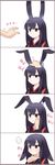  1girl 4koma animal_ears bangs black_hair blunt_bangs brown_eyes bunny_ears bunny_girl comic commentary_request disembodied_limb ears_down ears_up expressionless eyebrows eyebrows_visible_through_hair hand_on_another's_cheek hand_on_another's_face hand_on_another's_head highres japanese_clothes jitome kimono long_hair motion_lines notice_lines original petting shiny shiny_hair simple_background solo_focus tasuki translation_request tsukune_(yagi) yagi_(ningen) 