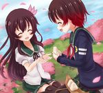  black_legwear brown_hair cherry_blossoms closed_eyes crescent crescent_hair_ornament dutch_angle food gradient_hair green_skirt hair_ornament jacket kantai_collection kisaragi_(kantai_collection) multicolored_hair multiple_girls mutsuki_(kantai_collection) neckerchief onigiri ootori_(kyoya-ohtori) pantyhose petals pleated_skirt red_hair remodel_(kantai_collection) school_uniform serafuku short_hair skirt thighhighs 