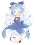  ;d absurdres bangs bloomers blue_bow blue_dress blue_eyes blue_footwear blue_hair blush bow bowtie cirno dress earrings eyebrows eyebrows_visible_through_hair frilled_gloves frilled_skirt frilled_sleeves frills full_body gloves hair_bow high_heels highres ice ice_wings jewelry knees_together_feet_apart leg_garter looking_at_viewer mei_(mei19132) midair one_eye_closed open_mouth puffy_short_sleeves puffy_sleeves red_bow red_neckwear salute shoes short_hair short_sleeves simple_background skirt smile solo sparkle stud_earrings teeth thigh_gap touhou underwear white_background white_gloves wings 
