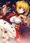  absurdres ahoge bad_id bad_pixiv_id blonde_hair breasts cleavage dress fate/extra fate_(series) green_eyes highres holding holding_sword holding_weapon ichiren_namiro large_breasts looking_at_viewer nero_claudius_(fate) nero_claudius_(fate)_(all) petals see-through shiny shiny_skin short_hair smile solo sword weapon 