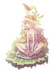  bare_shoulders barefoot between_legs breasts bush cleavage closed_eyes collarbone dress eyelashes flower food frilled_skirt frills fruit grass green_hair hair_flower hair_ornament hand_between_legs happy highres kuroduki_(pieat) leaf long_hair monster_strike open_mouth plant pointy_ears skirt small_breasts smile solo strapless strapless_dress teeth toes white_dress yggdrasill_(monster_strike) 