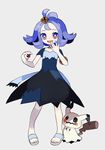  :3 :d acerola_(pokemon) armlet blue_eyes bright_pupils collarbone dress elite_four flat_chest flipped_hair full_body gen_7_pokemon hair_ornament highres holding holding_poke_ball mimikyu multicolored multicolored_eyes open_mouth orange_eyes poke_ball pokemon pokemon_(creature) pokemon_(game) pokemon_sm purple_hair sandals short_hair silver_background simple_background smile solo stitches toenails topknot torn_clothes torn_dress trial_captain yxyx_ika 