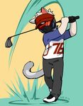 animal_ears cat cat_ears cat_tail catboy commentary_request dated face_mask full_body furrification furry gloves golf_club korean_commentary lillu male_focus mask overwatch pants shoes short_sleeves single_glove soldier:_76_(overwatch) solo swinging tail visor white_fur 