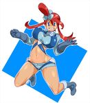  blue_eyes bouncing_breasts breasts full_body fuuro_(pokemon) gloves gym_leader hair_ornament jumping large_breasts long_hair midriff navel pokemon pokemon_(game) pokemon_bw red_hair shoes simple_background smile solo zaitsu 
