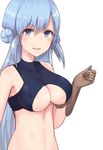  arm_up bangs blue_eyes blue_hair blush breasts brown_gloves cleavage commentary covered_nipples double_bun eyebrows eyebrows_visible_through_hair gloves hair_between_eyes halter_top halterneck highres kinryuu large_breasts long_hair merc_storia navel parted_lips simple_background smile solo stella_(merc_storia) upper_body white_background 