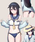 absurdres adapted_costume ass bare_shoulders bikini_bottom black_hair blush embarrassed girls_frontline hair_flaps hairband hat highres looking_away multiple_views navel purple_eyes sailor_collar sun_hat super_sass_(girls_frontline) sweatdrop swimsuit swimsuit_under_clothes undressing xiujia_yihuizi 