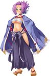  absurdres artist_request blush breasts chouryou_(shia) collar dark_skin feet full_body geta green_eyes hakama hands_on_hips haori highres japanese_clothes koihime_musou large_breasts looking_at_viewer navel no_socks purple_hair sandals sarashi solo standing transparent_background 