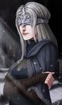  blonde_hair cloak covered_eyes dark_souls_iii face_mask fire_keeper highres jewelry long_hair mask necklace self_hug smile snow snowing solo souls_(from_software) 