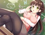  adjusting_eyewear bangs black_legwear blunt_bangs blush breasts brown_hair commentary crossed_legs eyebrows eyebrows_visible_through_hair glasses gochuumon_wa_usagi_desu_ka? green_eyes large_breasts long_hair long_sleeves looking_at_viewer niiya open_mouth pantyhose sitting solo sweater_vest ujimatsu_chiya 