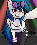  anthro blue_hair blush breasts cleavage clothed clothing equine eyelashes eyewear female friendship_is_magic fur glasses hair horn horse looking_at_viewer mammal my_little_pony navel piecee01 pony red_eyes smile solo standing teeth unicorn vinyl_scratch_(mlp) white_fur 