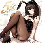  animal_ears anniversary back-seamed_legwear bow bowtie brown_hair bunny_ears bunny_girl bunnysuit copyright_name detached_collar fake_animal_ears fishnet_pantyhose fishnets green_eyes high_heels idolmaster idolmaster_cinderella_girls jewel_(the_black_canvas) jewelry looking_at_viewer pantyhose sagisawa_fumika seamed_legwear solo wrist_cuffs 