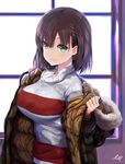  ai-chan_(tawawa) aqua_eyes aran_sweater black_hair blush braid breasts brown_coat coat ep_(emio_parn) fur_trim getsuyoubi_no_tawawa highres horizontal_stripes large_breasts looking_at_viewer open_clothes open_coat puffy_coat short_hair side_braid smile solo striped sweater turtleneck turtleneck_sweater window winter_clothes winter_coat 