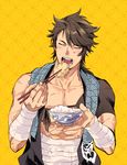  arm_wrap bowl brown_hair chopsticks closed_eyes eating food food_on_face japanese_clothes male_focus mutsu-no-kami_yoshiyuki open_mouth rice sarashi seigaiha solo t_k_g touken_ranbu towel towel_around_neck 