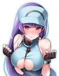  ace_trainer_(pokemon) ace_trainer_(pokemon)_(cosplay) alternate_costume bare_shoulders blush breasts cleavage cleavage_cutout clenched_hands commentary_request cosplay fingerless_gloves gloves hizuki_akira large_breasts long_hair natsume_(pokemon) paizuri_invitation pokemon pokemon_(game) pokemon_sm purple_hair red_eyes solo underboob_cutout visor_cap w_arms 