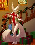  2016 absurd_res ankh anthro big_ears big_tail black_nose box brindle bulge canine christmas clothed clothing ear_piercing english_text etheras etheras_(copyright) eyeliner feet fennec fox front_view full-length_portrait fur gift gift_wrapped girly hi_res holidays humanoid_feet inside jewelry looking_at_viewer makeup male mammal markings piercing portrait ribbons skimpy solo stairs standing text white_fur wide_hips yellow_eyes 