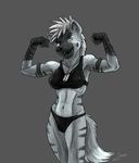  abs anthro bandage biceps bikini bra clothed clothing deebo dog_tags female flexing hyena mammal marsonaut muscular nipples skimpy smile spiky_hair sport stripes swimsuit underwear 