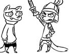  2016 anthro armor black_and_white clothed clothing cute_fangs disney duo fan_character helmet holding_object holding_weapon inkyfrog male mammal melee_weapon monochrome mustelid percy_vison polecat simple_background standing sword weapon white_background zootopia 