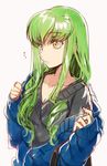  bag bangs breasts c.c. cleavage code_geass creayus eyebrows_visible_through_hair green_hair grey_background handbag long_hair looking_away medium_breasts simple_background sketch sleeves_past_wrists solo sweater twitter_username undressing v-neck yellow_eyes 