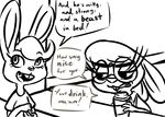  2016 anthro beverage black_and_white buckteeth clothed clothing coffee cup dialogue disney duo english_text eyewear fan_character female glasses inkyfrog lagomorph mammal maxine_d&#039;lapin monochrome rabbit teeth text zootopia 