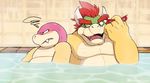  age_difference annoyed blush bowser eyewear fangs father father_and_son front_view hisashino holding_object koopa koopaling mario_bros musclegut nintendo open_mouth parent partially_submerged roy_koopa scalie sitting son sunglasses sweat sweatdrop teasing video_games 