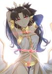  absurdres armlet bare_shoulders black_hair crown earrings fate/grand_order fate_(series) glowing gu_li hair_ribbon highres hoop_earrings ishtar_(fate/grand_order) jewelry long_hair looking_at_viewer neck_ring pelvic_curtain red_eyes ribbon solo two_side_up white_background 