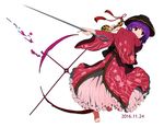  2016 barefoot bowl bowl_hat covered_mouth dated eyebrows eyebrows_visible_through_hair frilled_skirt frills full_body hat holding holding_needle holding_weapon japanese_clothes kimono miracle_mallet needle obi over_shoulder purple_hair red_eyes red_kimono sash shishi_osamu short_hair skirt solo sukuna_shinmyoumaru touhou weapon weapon_over_shoulder white_background white_skirt wide_sleeves 