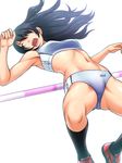  arched_back black_hair black_legwear blue_eyes buruma high_jump highres kuri_(kurigohan) long_hair midriff nishi_(company) open_mouth original solo sports_bikini sportswear track_and_field 