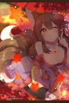  2016 absurdres animal_ears artist_name autumn_leaves bangs bead_necklace beads black_legwear blurry blush breasts brown_hair character_name cleavage commentary dated depth_of_field eyebrows eyebrows_visible_through_hair facepaint fang_out fangs flower fox_ears fox_girl fox_tail hair_between_eyes heart highres japanese_clothes jewelry kaenuco kimono kimono_pull kneeling large_breasts letterboxed light_particles long_hair multiple_tails nail_polish necklace one_eye_closed oriental_umbrella original pointing pointing_up purple_kimono red_eyes red_flower red_nails red_string red_umbrella ririo_gatto solo string tail thighhighs third_eye umbrella 