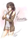  2016 artist_name bangs blush breasts brown_eyes brown_hair cardigan character_name cleavage commentary cup cursive dated eyebrows eyebrows_visible_through_hair gurifu hair_between_eyes hair_ornament hairclip haruna_(kantai_collection) holding holding_arm kantai_collection light_smile long_hair looking_at_viewer low_ponytail medium_breasts mug pink_background scrunchie shorts side_ponytail signature solo standing swept_bangs tank_top thighs white_background 