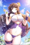  bikini bloodline blue_sky breasts brown_hair cleavage cloud cup day drinking_glass food fruit huge_breasts iotower lemon lemon_slice lens_flare long_hair navel o-ring o-ring_bottom palm_tree see-through sky solo swimsuit thigh_gap tree very_long_hair war_maiden_(bloodline) water yellow_eyes 