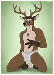  2012 3_fingers anthro antlers black_nose border briefs brown_fur bulge cervine chest_tuft clothed clothing deer digital_media_(artwork) fur gloves_(marking) green_eyes hi_res hooves horn kneeling looking_at_viewer male mammal markings multicolored_fur muscular navel pecs penis_outline sigma_x smile socks_(marking) solo topless tuft underwear white_border 