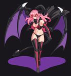  absurdres armor bikini_armor bochi_(yamakan) boots breasts cleavage commentary_request demon_girl demon_horns demon_tail demon_wings elbow_gloves glasses gloves highres horns large_breasts long_hair looking_at_viewer navel original panties pink_hair pointy_ears sharp_teeth solo succubus tail teeth thigh_boots thighhighs underwear wings yellow_eyes 