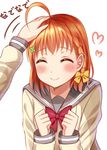  ahoge bangs blush bow bowtie braid closed_eyes clover_hair_ornament commentary eyebrows eyebrows_visible_through_hair hair_bow hair_ornament hair_ribbon hand_on_another's_head hands_up happy heart highres love_live! love_live!_sunshine!! mizukoshi_(marumi) orange_hair out_of_frame petting red_bow red_neckwear ribbon school_uniform serafuku short_hair side_braid simple_background smile solo_focus takami_chika translated uranohoshi_school_uniform white_background yellow_ribbon 