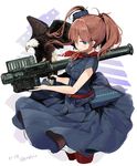  animal artist_name bald_eagle bird black_dress breast_pocket breasts brown_hair commentary_request cowboy_shot dress eagle fim-92_stinger flight_deck from_side hair_over_one_eye highres holding holding_weapon kantai_collection long_hair looking_at_viewer medium_breasts neckerchief pocket red_legwear red_neckwear rocket_launcher saratoga_(kantai_collection) short_sleeves side_ponytail smokestack solo weapon wind wind_lift yamano_(yamanoh) 